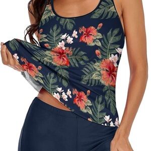 Navy Blue with Hibiscus Flowers Tankini Set